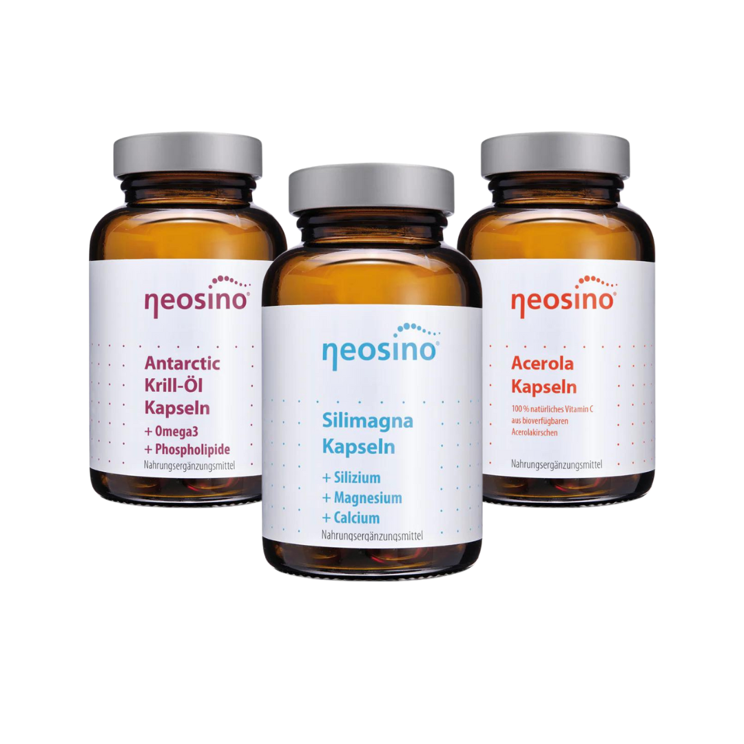 Drei braune Glasflaschen mit Neosino Nahrungsergänzungsmitteln: Silimagna, Krillöl und Acerola Kapseln als Set zur Immunstärkung