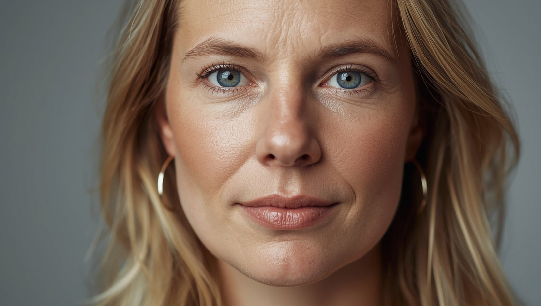 Mittelalte Frau betrachtet sich zufrieden im Kosmetikspiegel, ihre Haut wirkt straff, glatt und strahlend – Symbol für natürliche Hautstraffung und Revitalisierung.