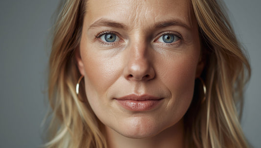 Mittelalte Frau betrachtet sich zufrieden im Kosmetikspiegel, ihre Haut wirkt straff, glatt und strahlend – Symbol für natürliche Hautstraffung und Revitalisierung.