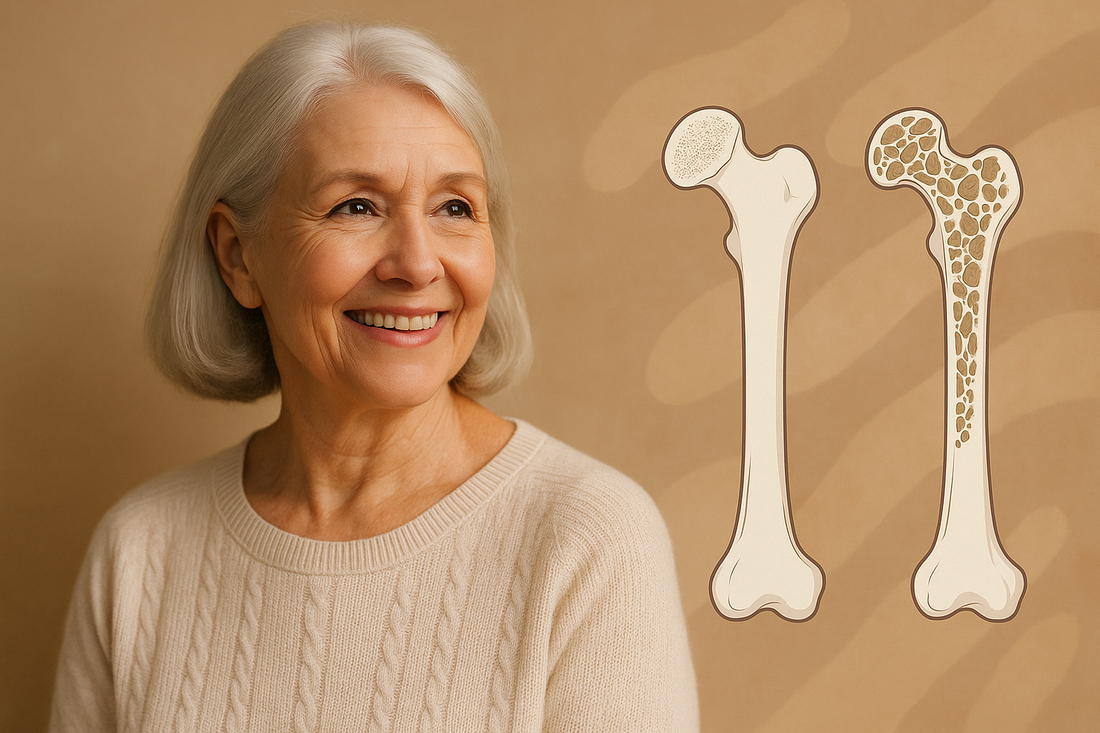 Lächelnde ältere Frau im cremefarbenen Pullover neben Illustration von gesundem und osteoporotischem Knochen – Symbol für Knochengesundheit und Osteoporose-Prävention.