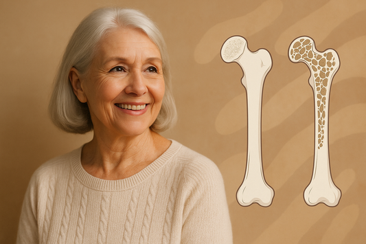 Lächelnde ältere Frau im cremefarbenen Pullover neben Illustration von gesundem und osteoporotischem Knochen – Symbol für Knochengesundheit und Osteoporose-Prävention.