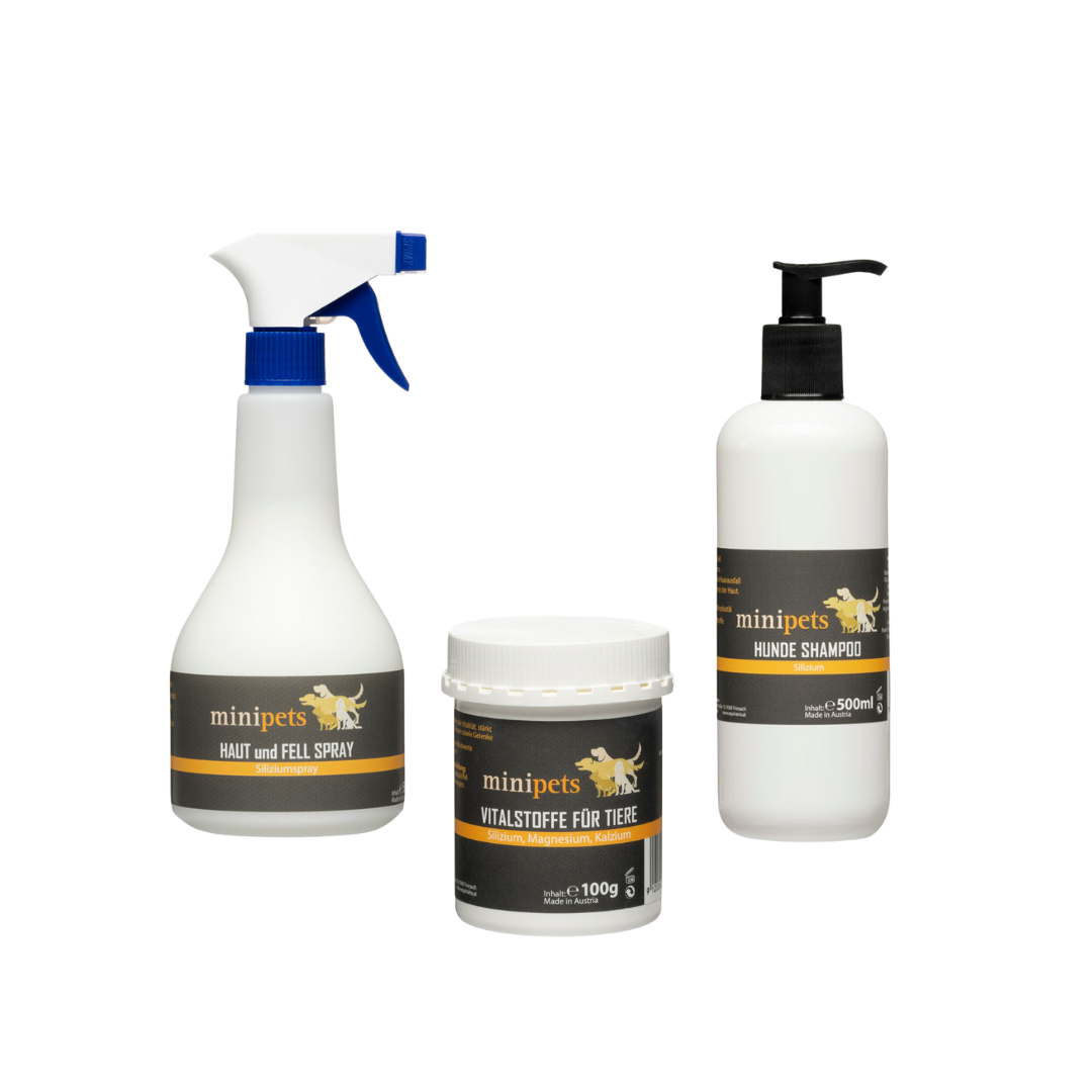 Minipets Hunde-Pflege-Set – Shampoo, Spray und Silizium-Vitalstoffe für Fell, Haut und Gelenke