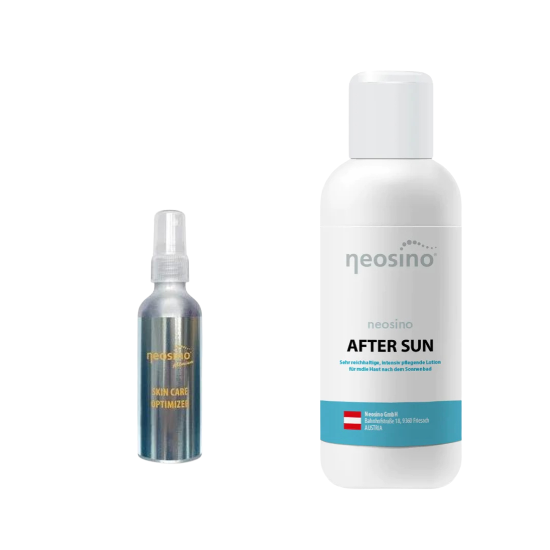 Zwei Flaschen Neosino Sonnenpflege-Produkte – Skin Care Optimizer mit LSF 15 und After Sun Spray – auf hellem Hintergrund, symbolisieren Schutz und Regeneration für die Haut bei Sonneneinstrahlung.