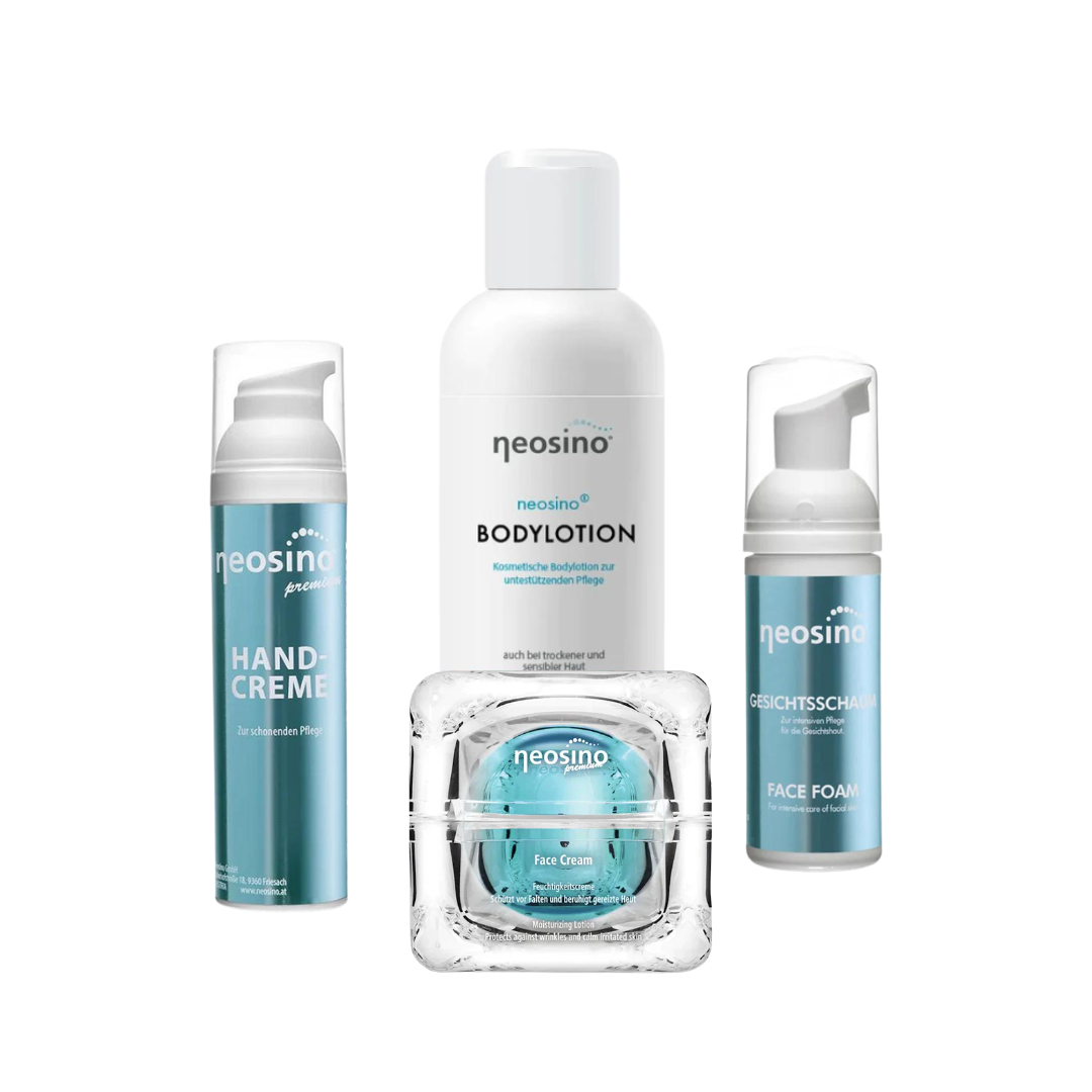 Neosino Tagespflege-Set – umfassende Hautpflege mit Face Cream, Bodylotion, Handcreme & Gesichtsschaum
