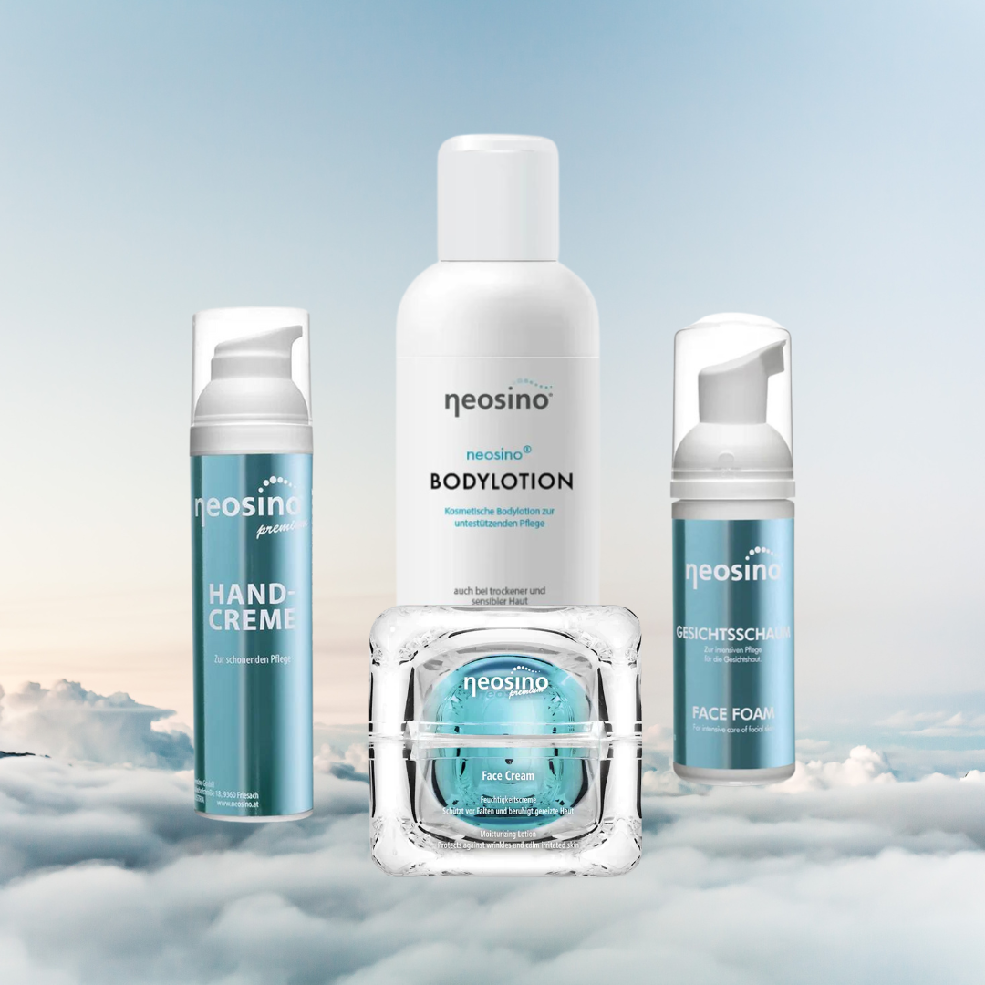Tagespflege set von Face Cream, Handcreme, Gesichtsschaum und Bodylotion von Neosino auf einem Hintergrundbild mit Wolken
