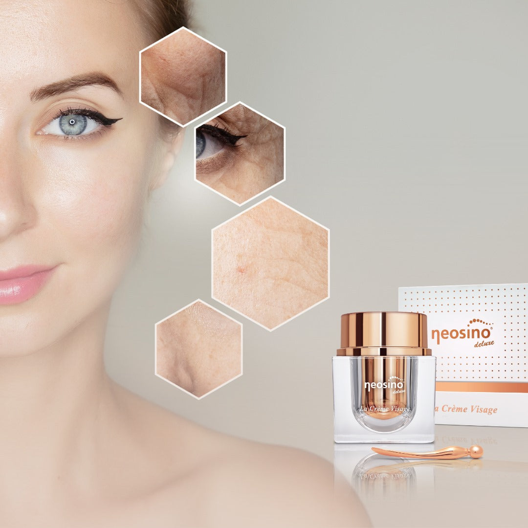 Frau mit glatter Hautstruktur und sichtbaren Anti-Aging-Ergebnissen – neben La Crème Visage Sweet Juliet im edlen Glastiegel